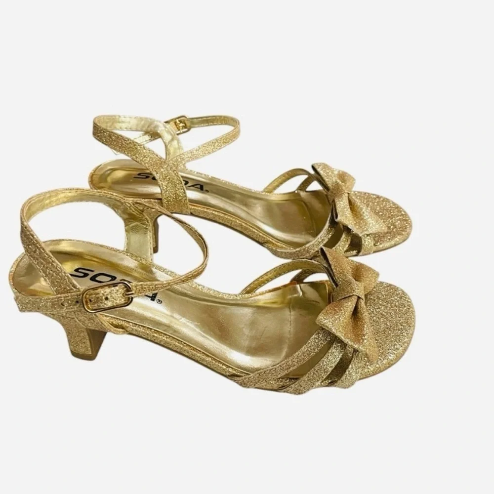 Soda Girl’s Gold Glitter Heel Sandals – Size 1 Big Kid – 2” Low Heel, Open Toe